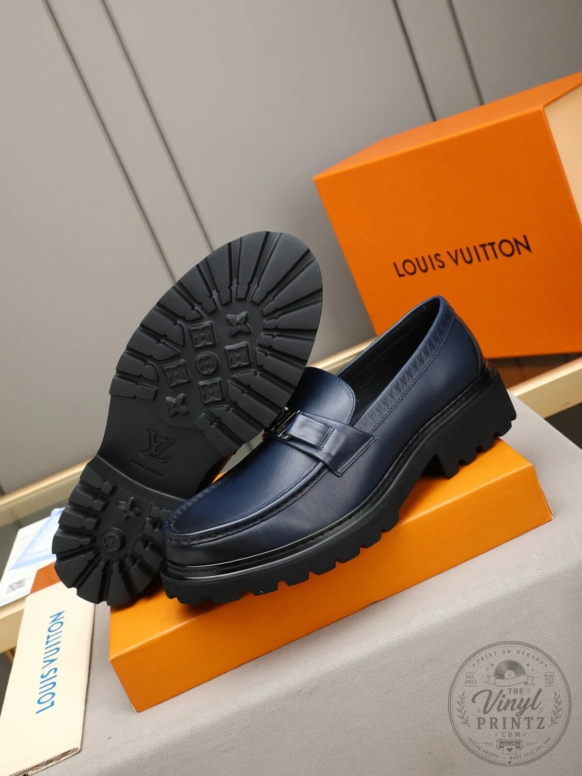 Men's Navy Blue Leather Loafer Shoes with Chunky Lug Sole Design 11 Men