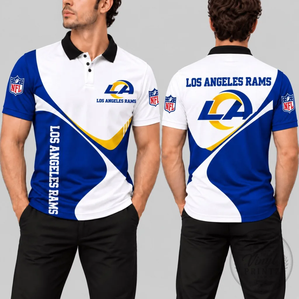 Los Angeles Rams NFL Football Team Blue and White Curve Panel Polo Shirt Los Angeles Rams NFL Football Team Blue and White Curve Panel Polo Shirt
