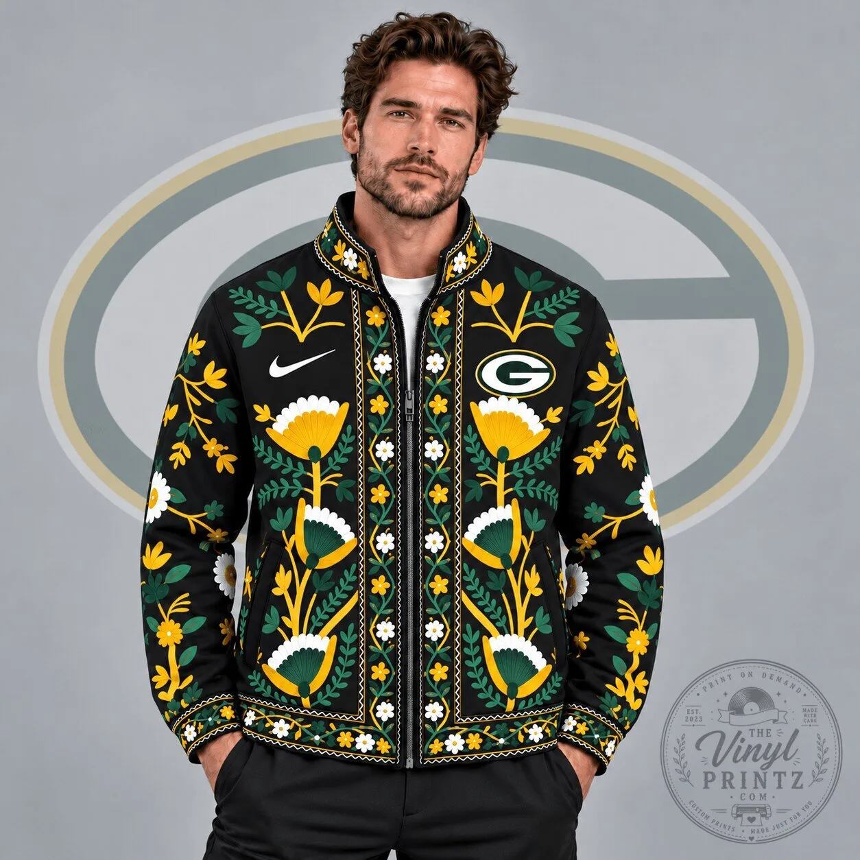 Green Bay Packers Vintage Floral Folk Art Full Zip Jacket