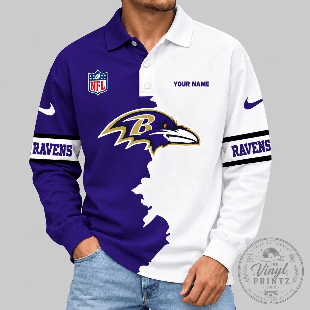 Baltimore Ravens NFL Split Panel Long Sleeve Polo Shirt for Men