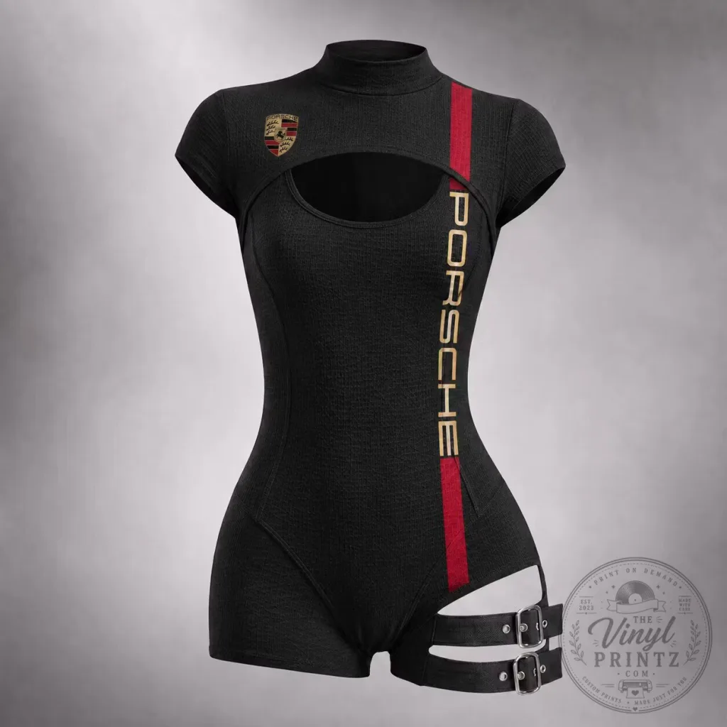 Porsche Racing Logo Print Cutout Lace-up Leg-strap Bodysuit for Women Porsche Racing Logo Print Cutout Lace-up Leg-strap Bodysuit for Women