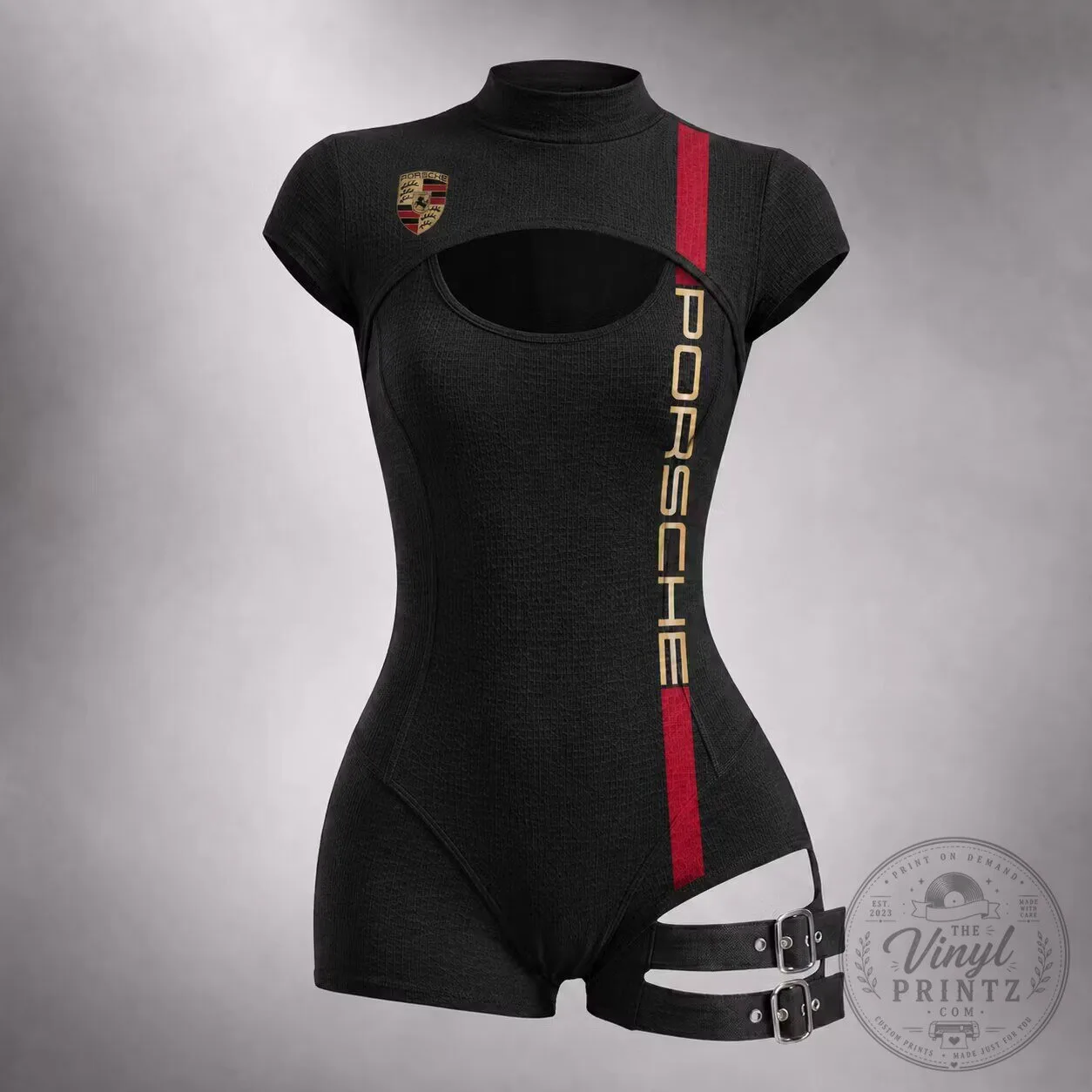 Porsche Racing Logo Print Cutout Lace-up Leg-strap Bodysuit for Women