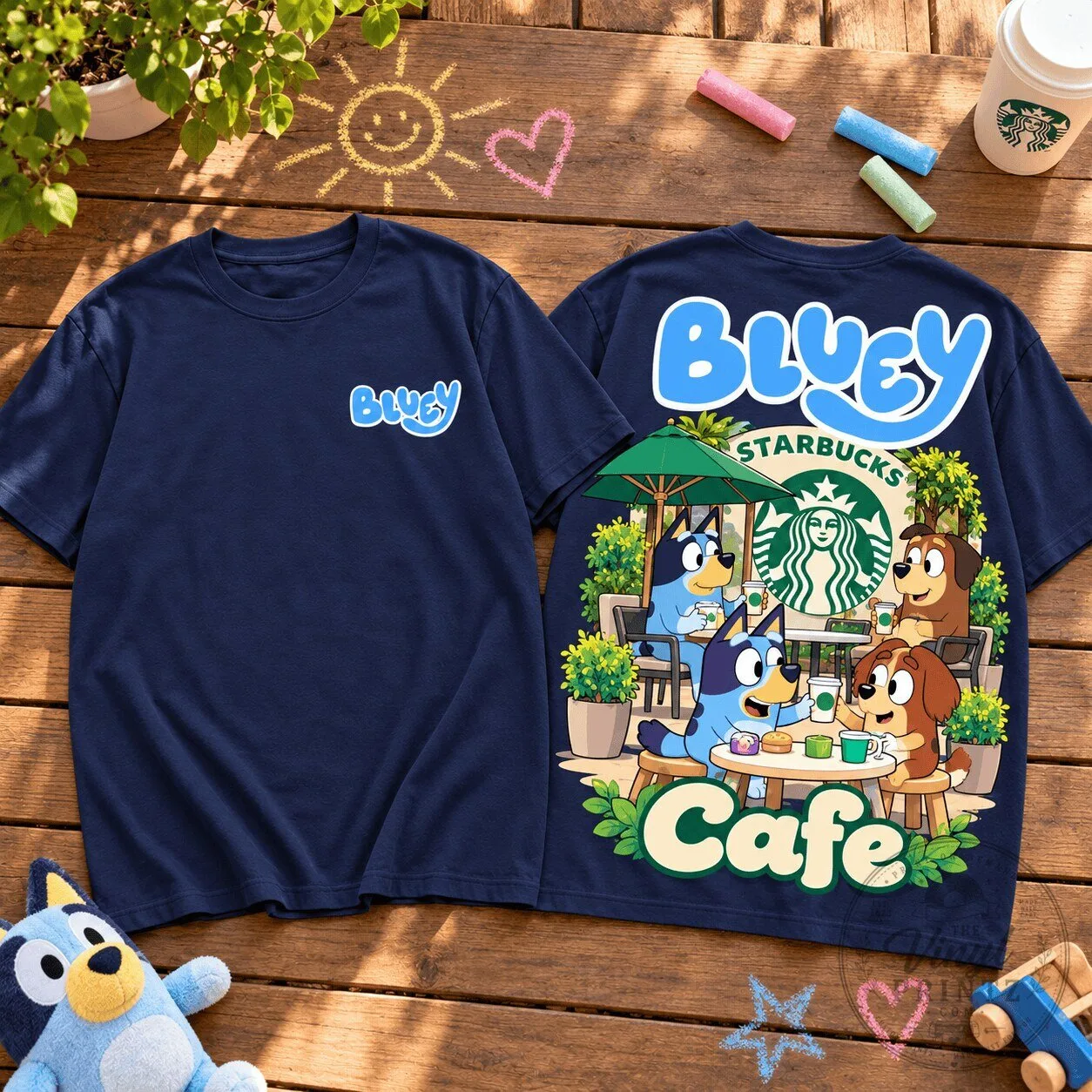 Bluey Family Starbucks Cafe Coffee Break Cartoon Character Navy Blue T-Shirt 5 Bluey Family Starbucks Cafe Coffee Break Cartoon Character Navy Blue T-Shirt