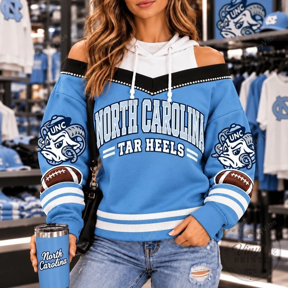 North Carolina Tar Heels Football Team Blue Off Shoulder Hoodie 1 North Carolina Tar Heels Football Team Blue Off Shoulder Hoodie