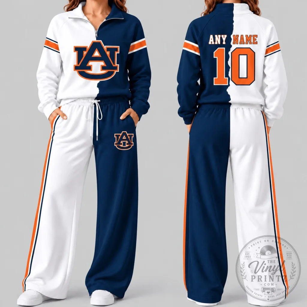 Auburn Tigers NCAA Split Color Quarter Zip Wide Leg Sweatshirt and Pants Set Auburn Tigers NCAA Split Color Quarter Zip Wide Leg Sweatshirt and Pants Set