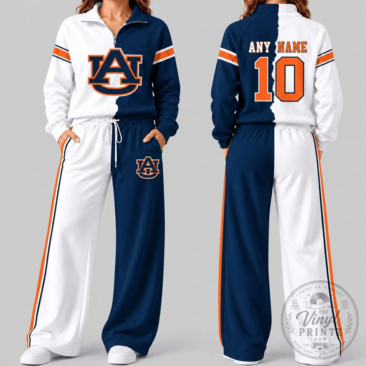 Auburn Tigers NCAA Split Color Quarter Zip Wide Leg Sweatshirt and Pants Set 3 Auburn Tigers NCAA Split Color Quarter Zip Wide Leg Sweatshirt and Pants Set